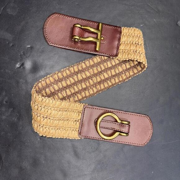 Vintage Fossil Wide Stretch Cinch Waist Belt Leather Woven Gold Buckle Boho - Picture 12 of 12
